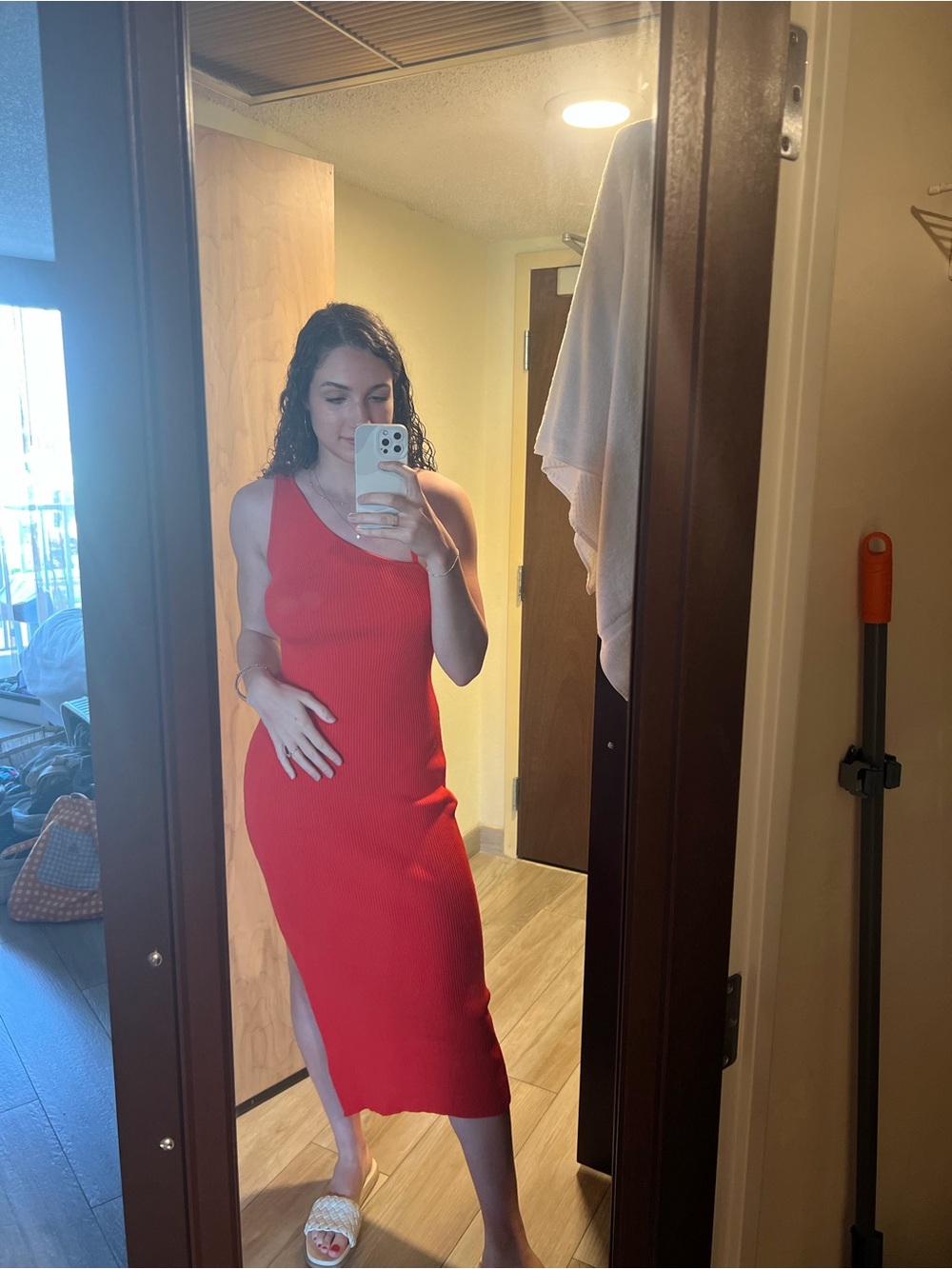 Astr Vibrant Red One-Shoulder Ribbed Maxi Dress